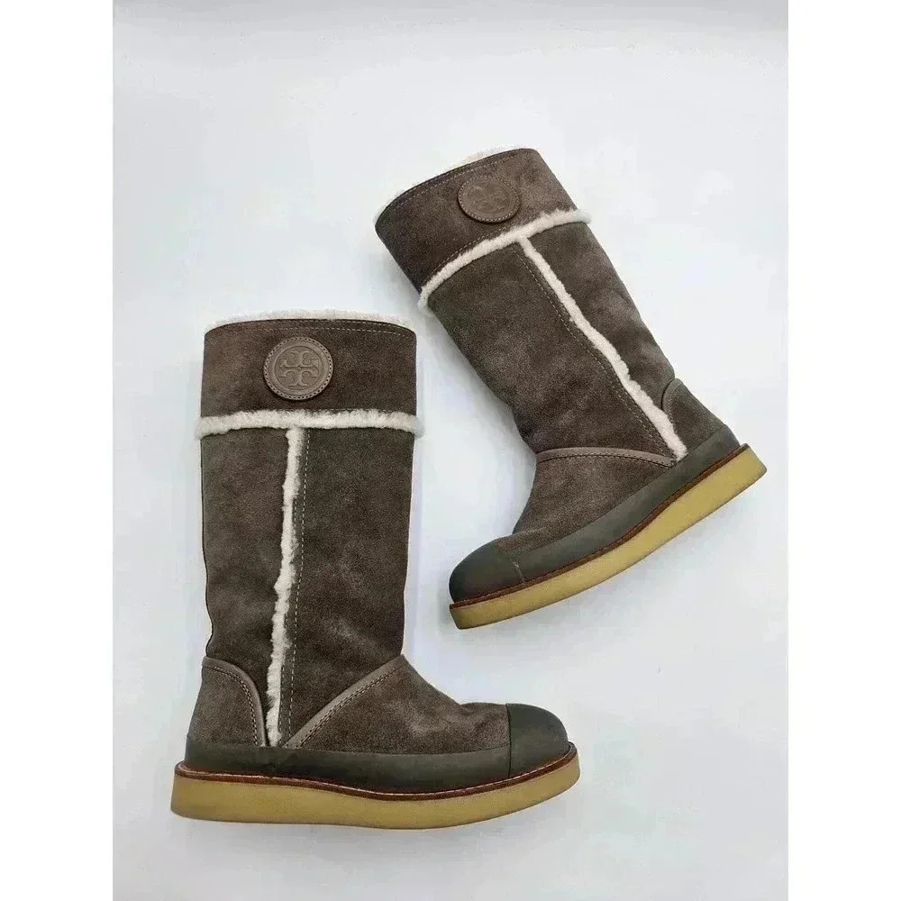 Tory Burch Amelie Fur Lined Leather Calf Boot Size 6 Elephant Gray